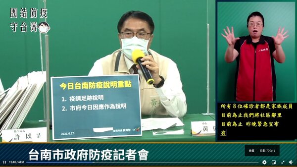 台南市27日暴增8例確診個案，市長黃偉哲說明疫情最新情況。圖／截自黃偉哲