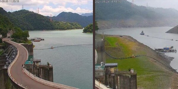 圖左為6月30日的石門水庫即時影像，右為今年5月24日的影像情形。圖／擷自桃園智慧旅遊雲
