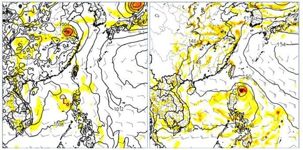 歐洲模式模擬顯示,下周一有熱帶系統通過呂宋島附近,進入南海(左圖);美國模式模擬的位置則在呂宋島東北方,強度略較歐洲模擬強(右圖)。圖擷自tropical tidbits。圖/取自「三立準氣象.老大洩天機」專欄