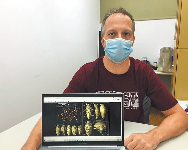 國立中山大學生物科學系捷克籍助理教授馬丁·費卡契與團隊在「奧波萊西里龍」糞便化石中發現新科甲蟲「龍糞三疊藻食甲蟲」，該研究結果也有助於三疊紀時期的甲蟲研究。（國立中山大學提供／袁庭堯高雄傳真）