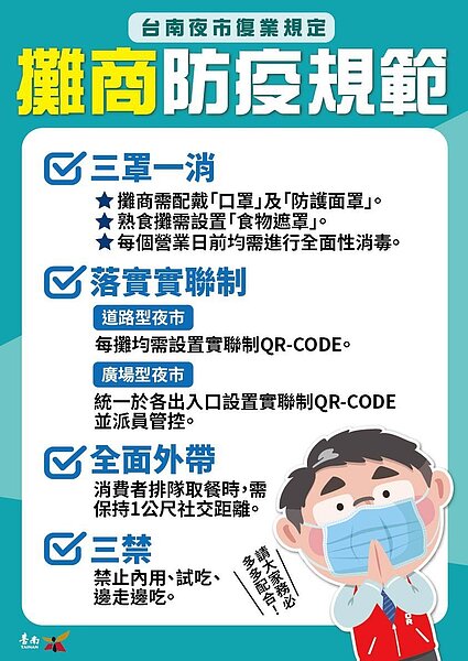 台南市政府最近公布夜市恢復營業的原則是人與人之間要保持1公尺以上的距離。圖/台南市政府提供