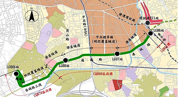 捷運萬大線CQ860區段標工程共有3段潛盾隧道，由3台潛盾機分別進行鑽掘，其中第1台潛盾機已在今年7月5日由連城錦和站(LG07站)鑽掘到達中和站(LG06站)。示意圖／台北市捷運局