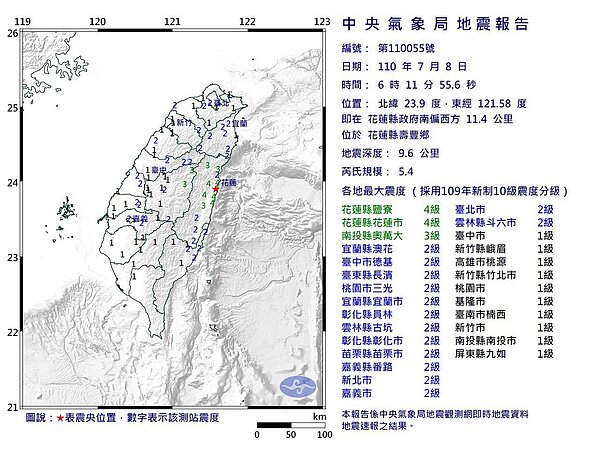 8日上午6時11分,又發生規模5.4有感地震,位置同樣在花蓮縣壽豐鄉(花蓮縣政府南偏西方11.4公里),地震深度9.6公里,全台有感。最大震度花蓮縣4級。圖/氣象局提供
