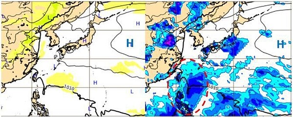 歐（ECMWF）模式，模擬14日20時地面氣壓（左圖）及6小時累積雨量圖（右圖）顯示，太平洋高壓東退減弱，東風波（右圖紅虛圈）移入。圖／取自「三立準氣象．老大洩天機」專欄