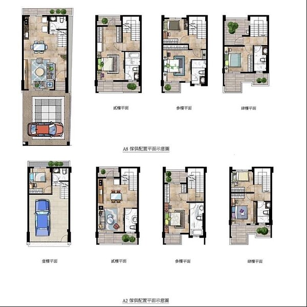 A8（上圖）與A1、A2（下圖）相比，前者為傳統格局，後者為一樓車庫的新加坡式建築格局。圖／摘自臉書社團「買房知識家」