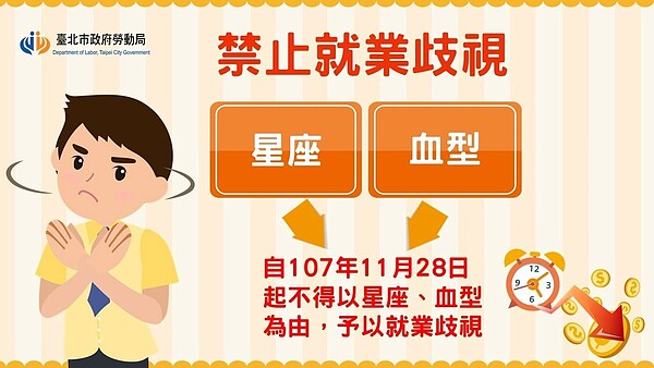 雇主若對求職人或雇用員工，有星座與血型的偏見，就是就業歧視，若經查屬實，則觸犯《就業服務法》第5條規定，可罰30萬至150萬元。圖／台北市政府提供