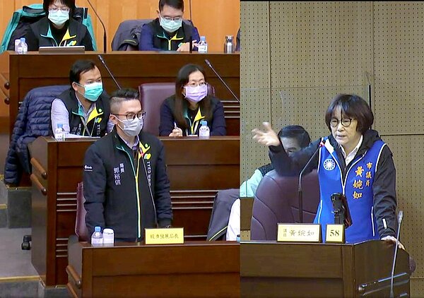 桃園市議員黃婉如(右)昨天質疑民眾申請自來水接管處處碰壁,經發局乾脆「開太極拳班」,經發局長郭裕信強調會加強協助。記者曾增勳/翻攝