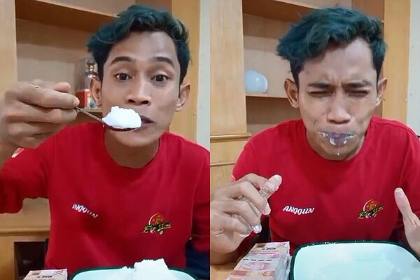 印尼網紅為了3000萬印尼盾（約新台幣5.9萬)，按網友要求吞掉4包鹽巴。圖翻攝自Tiktok