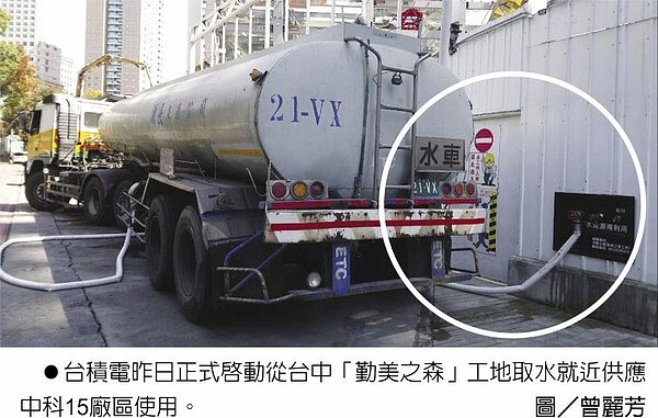 台積電25日正式啟動從台中「勤美之森」工地取水就近供應中科15廠區使用。圖/曾麗芳