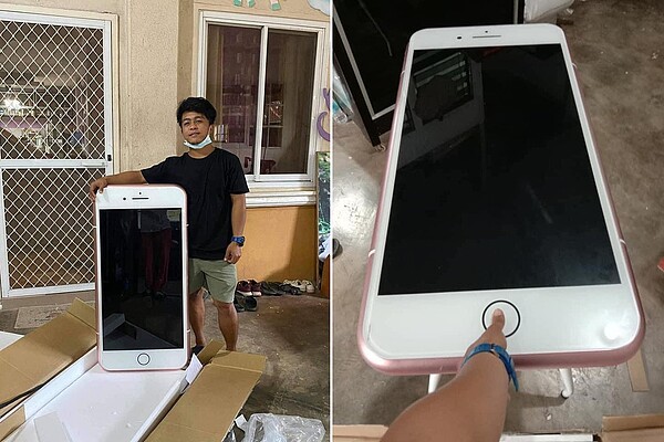 一名泰國男子上網買了一支iPhone7，沒想到因為沒仔細看，下錯單買成iPhone造型的桌子。 圖／翻攝自臉書「iPhone Thailand」
