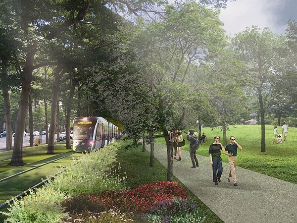 高雄環狀輕軌美術館段的環差分析經行政院環保署環評會審議通過,高市府捷運局將輕軌路廊移入美術館園區內。示意圖/高雄市捷運局提供