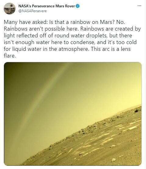 美國航太總署（NASA）近日公布毅力號火星探測車傳回影像，其中一張照片狀似火星出現驚人的彩虹。圖／取自NASA推特