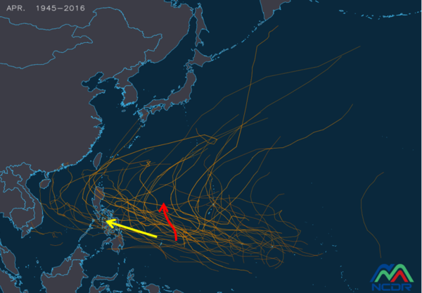 吳德榮以擷取自NCDR的圖指出，最新(8日20時)模式10天的模擬路徑顯示，美國(GFS)模擬在帛琉東側北上(紅線)，歐洲(ECMWF)則是模擬抵達菲律賓中部(黃線)。圖／取自「三立準氣象．老大洩天機」