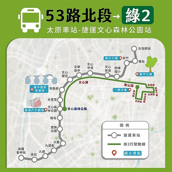 綠2路線調整示意圖。圖／台中市交通局提供