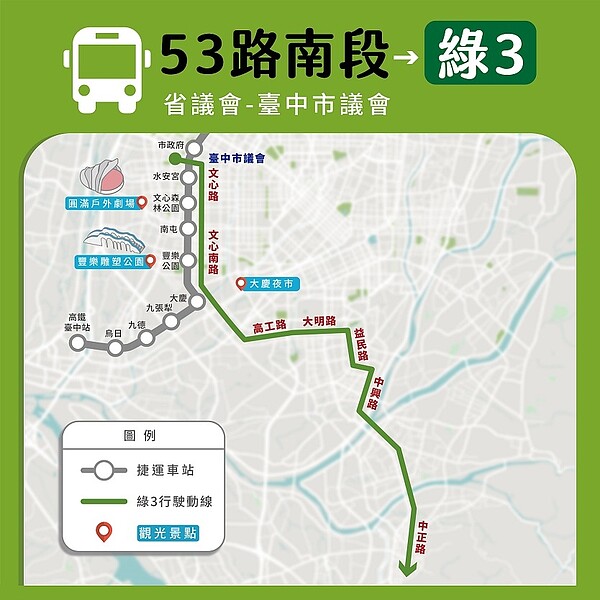 綠3路線調整示意圖。圖／台中市交通局提供