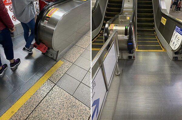 網友搭乘捷運電扶梯時，看到一個閃光的「神秘機器」，好奇它的用途。圖／擷自PTT
