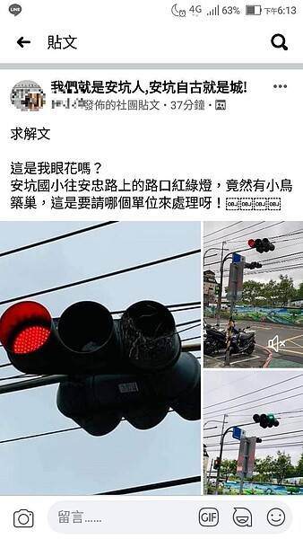 一名網友上周六在地方臉書社團PO文反映，安坑國小往安忠路上的路口紅綠燈，竟然有小鳥築巢。圖／截自臉書《我們就是安坑人，安坑自古就是城》