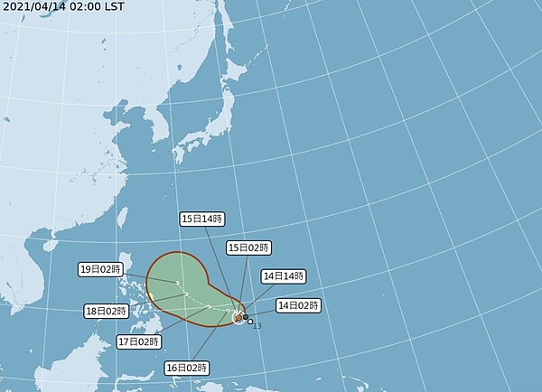 位在菲律賓東方海面的熱帶性低氣壓，14日上凌晨2時增強為今年第2號颱風。圖／中央氣象局