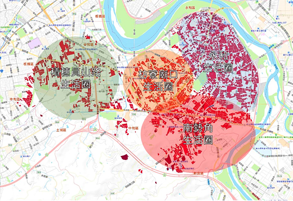 民國60年代後期雙和生活圈建築分布圖。圖/新北市政府提供