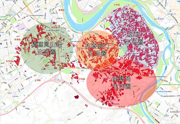 民國60年代後期雙和生活圈建築分布圖。圖／新北市政府提供