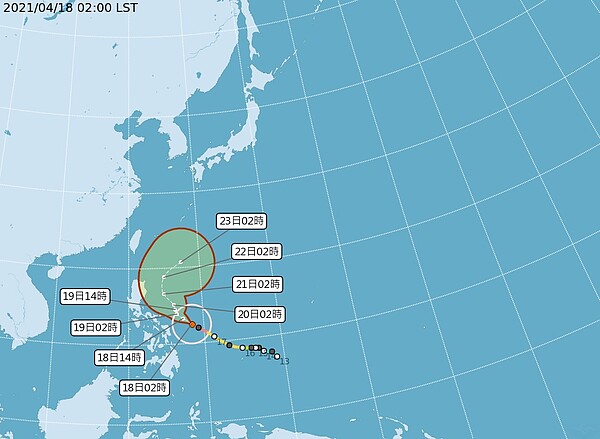 中央氣象局路徑潛勢預測圖顯示,強颱舒力基前3天受太平洋高壓西南側的東南東風導引,向西北西轉西北朝菲律賓東方海面前進。圖/取自氣象局網站