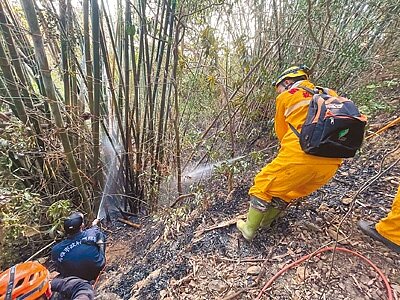 高雄市旗山區東平里3月31日發生火警，警消迅速到場撲滅火勢，未導致火燒山。警方調查，這是因為55歲洪姓男子放沖天炮驅趕獼猴，所以導致火警。（翻攝照片／林瑞益高雄傳真）