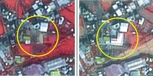 內政部提供給台南的農地衛星變異點照片，左為前、右為兩個月後，可以明顯看出增加了違規建物。圖／台南市地政局提供