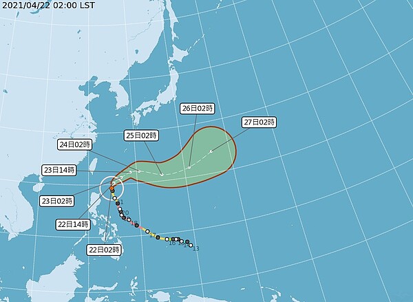 中央氣象局路徑潛勢預測圖顯示，中颱舒力基在呂宋島東北東方海面，今天距台灣最近，將轉向東北，明天受西風帶導引轉向偏東北東，逐漸加快，對台無影響。圖／取自氣象局網站