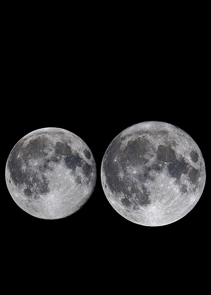 每次滿月發生時與地球的距離都不同，當滿月距離地球較近時，看起來就會較大較亮。圖／台北市立天文館提供