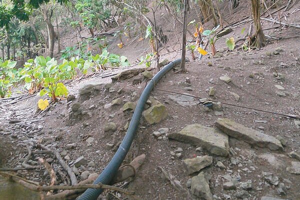 高雄山區部落使用簡易自來水,居民從海拔更高的溪流引水至水塔存放,水管線路通常要「翻山越嶺」,鋪設在崎嶇山徑上。圖/記者徐白櫻攝影