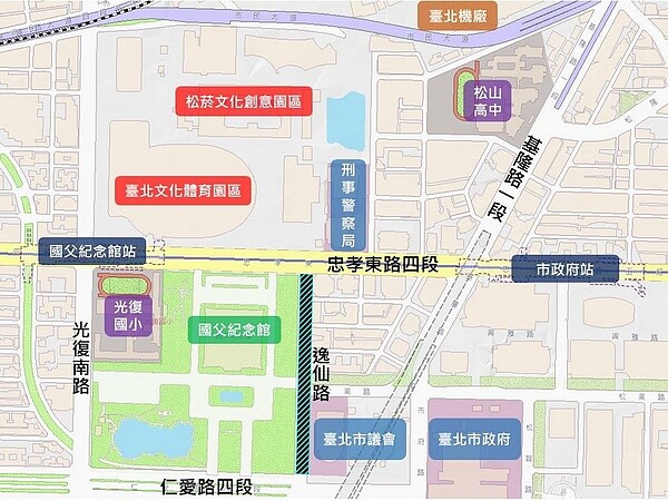逸仙路鋪面換新分布圖。圖/台北市政府提供