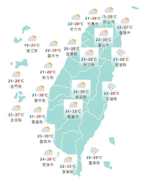 2日全台各地天氣。圖／取自氣象局網站