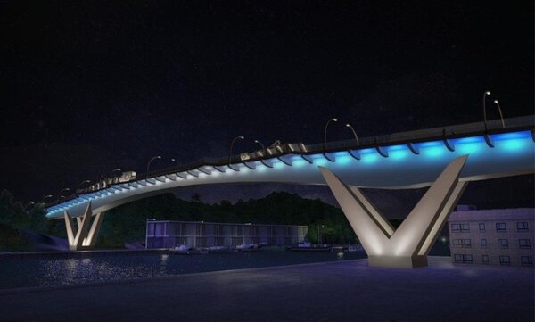 南方澳跨港大橋新橋設計，夜間搭配景觀藝術光雕系統。圖／公路總局提供