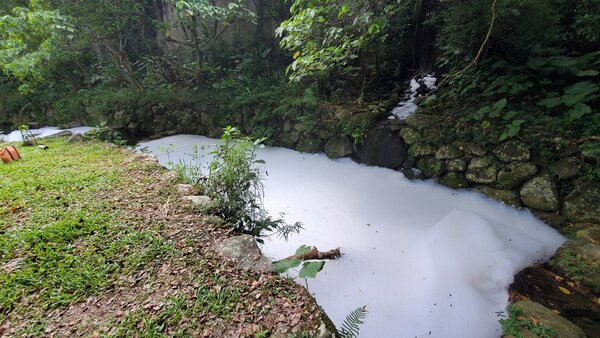 景美溪遭白色泡沫水污染。圖／台北市環保局提供
