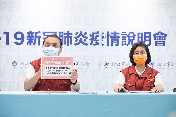 新北市長侯友宜(左)表示,目前某幼兒園確診個案有關總計22人,境外1人。圖/新北市新聞局提供