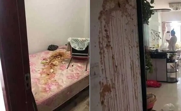 租屋處內床上、牆壁被潑滿不明穢物。圖/翻攝網路