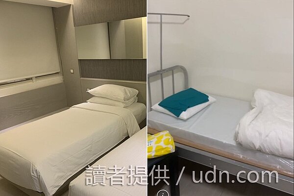 新北板橋某大樓因幼兒園群聚疫情全棟淨空，住戶分送至北部各集中檢疫所，但檢驗所品質相差甚遠，有人住進防疫旅館睡彈簧床（左圖），但也有人住到空屋睡「病床」（右圖），比較之後超心酸讓住戶傻眼。圖／讀者提供
