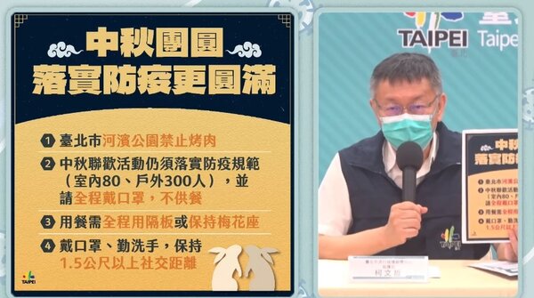 台北市長柯文哲宣布今年中秋連假，台北市河濱公園禁止烤肉。圖／取自台北市政府直播