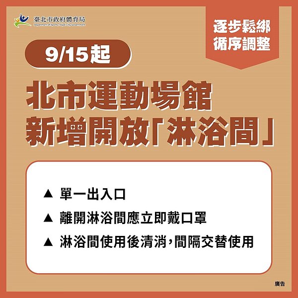 台北市運動場館淋浴間自15日起開放使用。圖/台北市體育局提供
