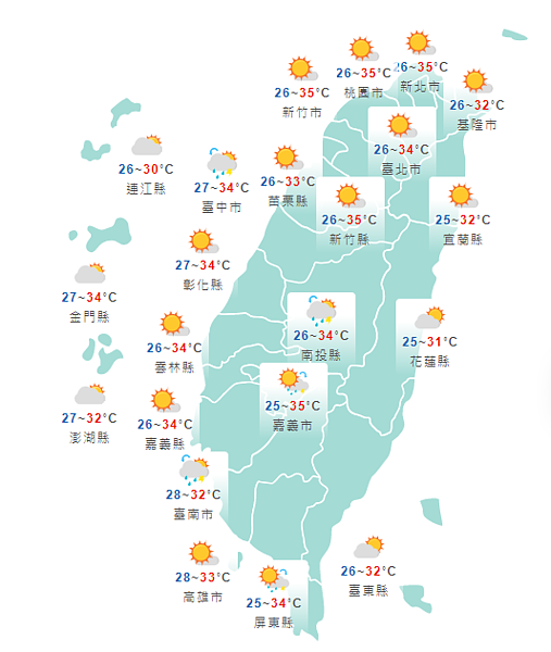 今天各地天氣。圖／取自氣象局網站