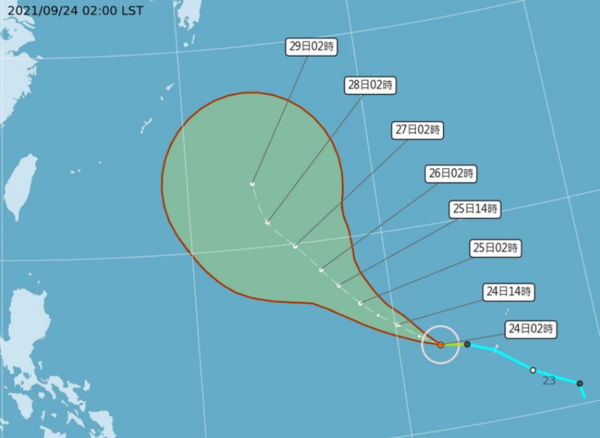 今年第16號颱風蒲公英最新路徑潛勢預報。圖／取自氣象局網站
