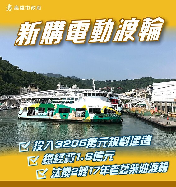 高雄市交通局24日公布2022年4項主要交通建設，包括添購2艘電動渡輪汰舊換新。圖／高雄市政府提供