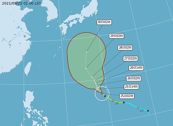 今晨2時中央氣象局路徑潛勢預測圖顯示，蒲公英颱風在關島西北方海面，向北北西前進。圖／取自中央氣象局網站