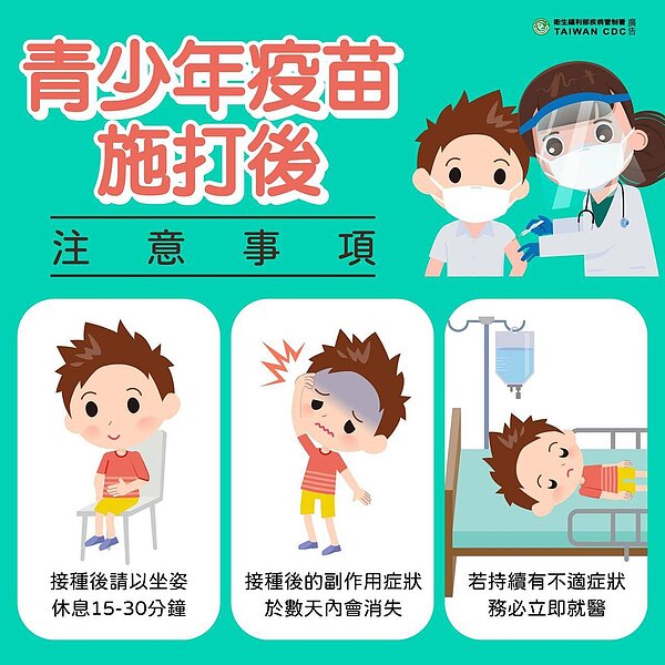 青少年疫苗施打後注意事項。圖/取自「疾病管制署 - 1922防疫達人」臉書粉絲專頁