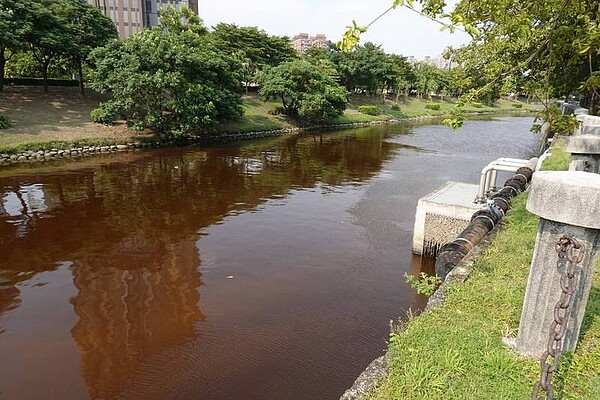 高雄愛河龍華、願景橋間連漂3天紅褐色水，民眾憂遭汙染紛紛舉報。高市環保局派員到場採樣並以顯微鏡觀察，發現是「隱藻」大量繁殖。圖／市府提供