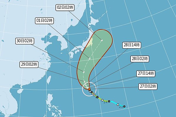 蒲公英颱風未來在日本南方海面迴轉,不致侵襲日本,更無侵台機率。圖/中央氣象局提供