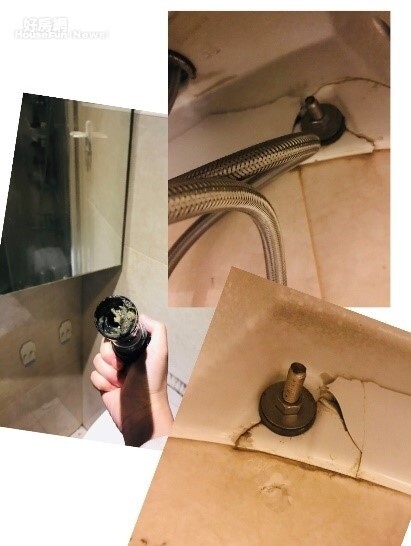 Sway在節目上分享自家浴室洗手檯與牆壁磁磚銜接處出現裂紋。圖/翻攝自Sway房市觀測站