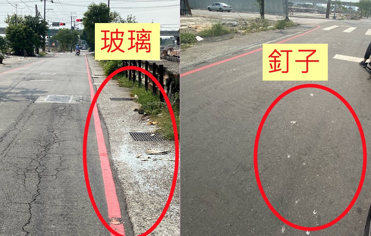 新北大力推動塭仔圳市地重劃,新北市議員何淑峯指出,目前路面都是釘子、玻璃,上班族每天通勤必經之處,讓民眾消遣說這是「通勤版」魷魚遊戲。圖/新北市議員何淑峯提供