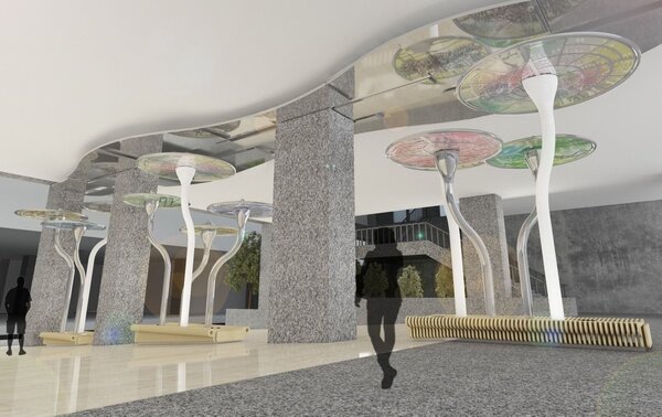 預計今年底完工、明年6月啟用的豐原轉運中心，其內部公共藝術搶先曝光。圖／台中市交通局提供