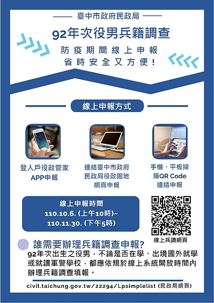 內政部役政署建置「兵籍調查線上申報系統」。圖／台中市政府提供